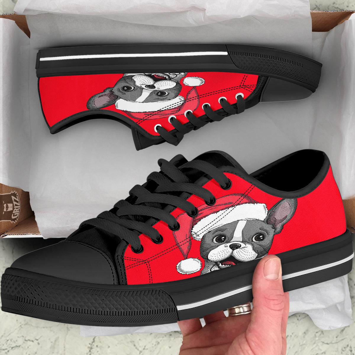Santa Christmas French Bulldog Print Black Low Top Shoes-grizzshop