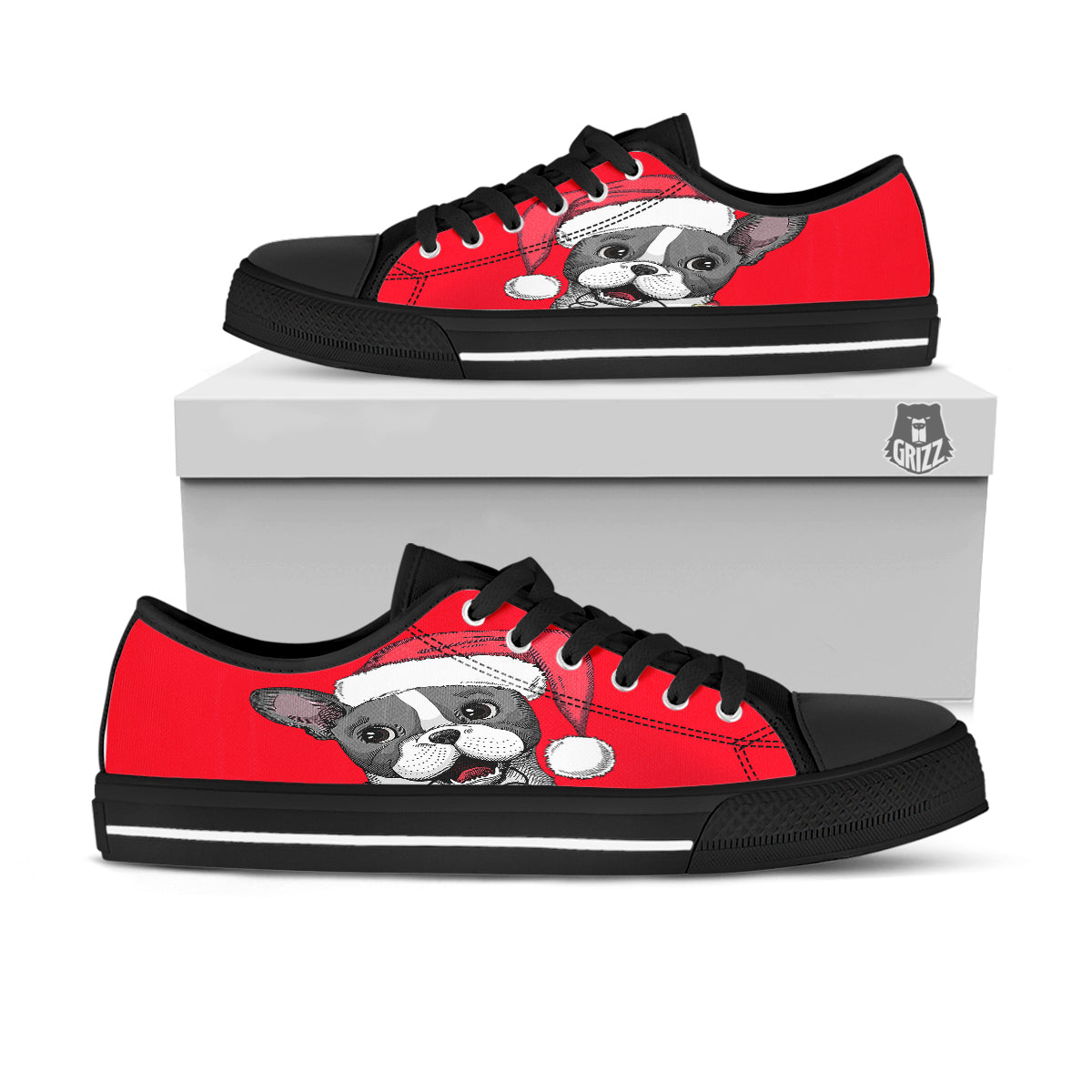 Santa Christmas French Bulldog Print Black Low Top Shoes-grizzshop