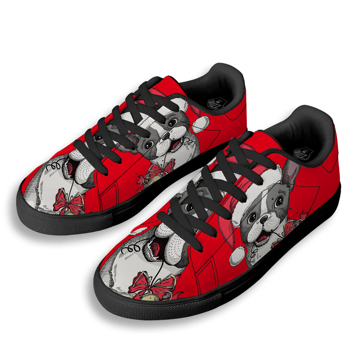 Santa Christmas French Bulldog Print Black Low Top Sneakers-grizzshop