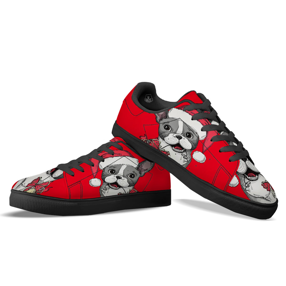 Santa Christmas French Bulldog Print Black Low Top Sneakers-grizzshop