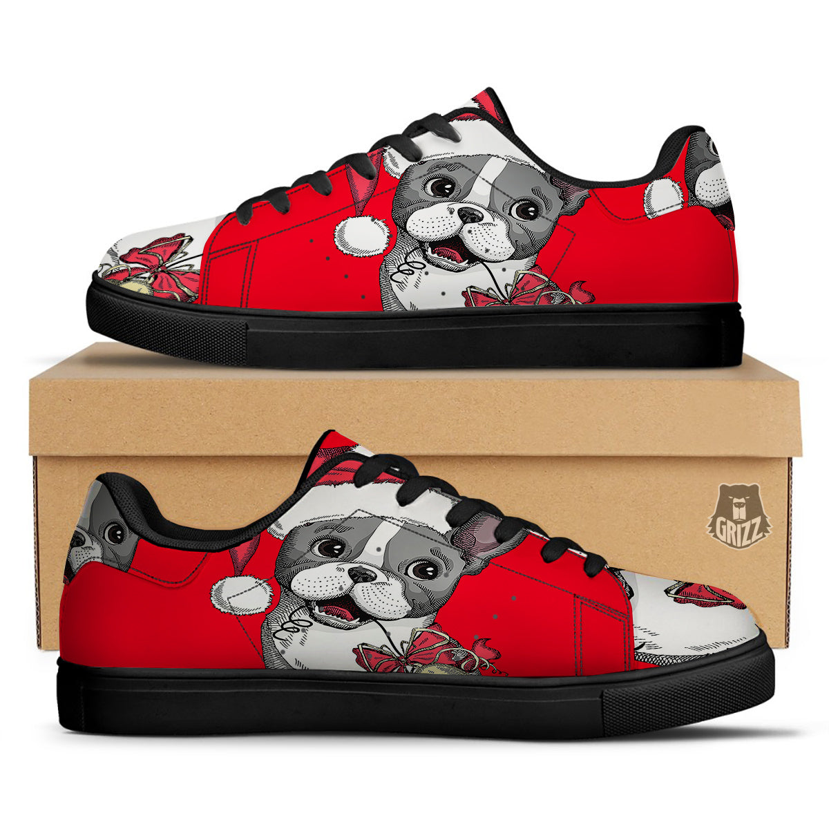 Santa Christmas French Bulldog Print Black Low Top Sneakers-grizzshop