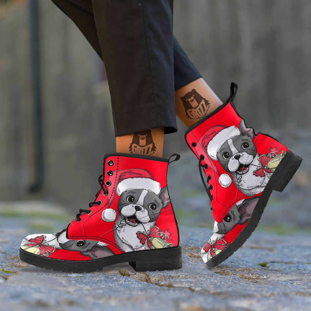 Santa Christmas French Bulldog Print Leather Boots-grizzshop
