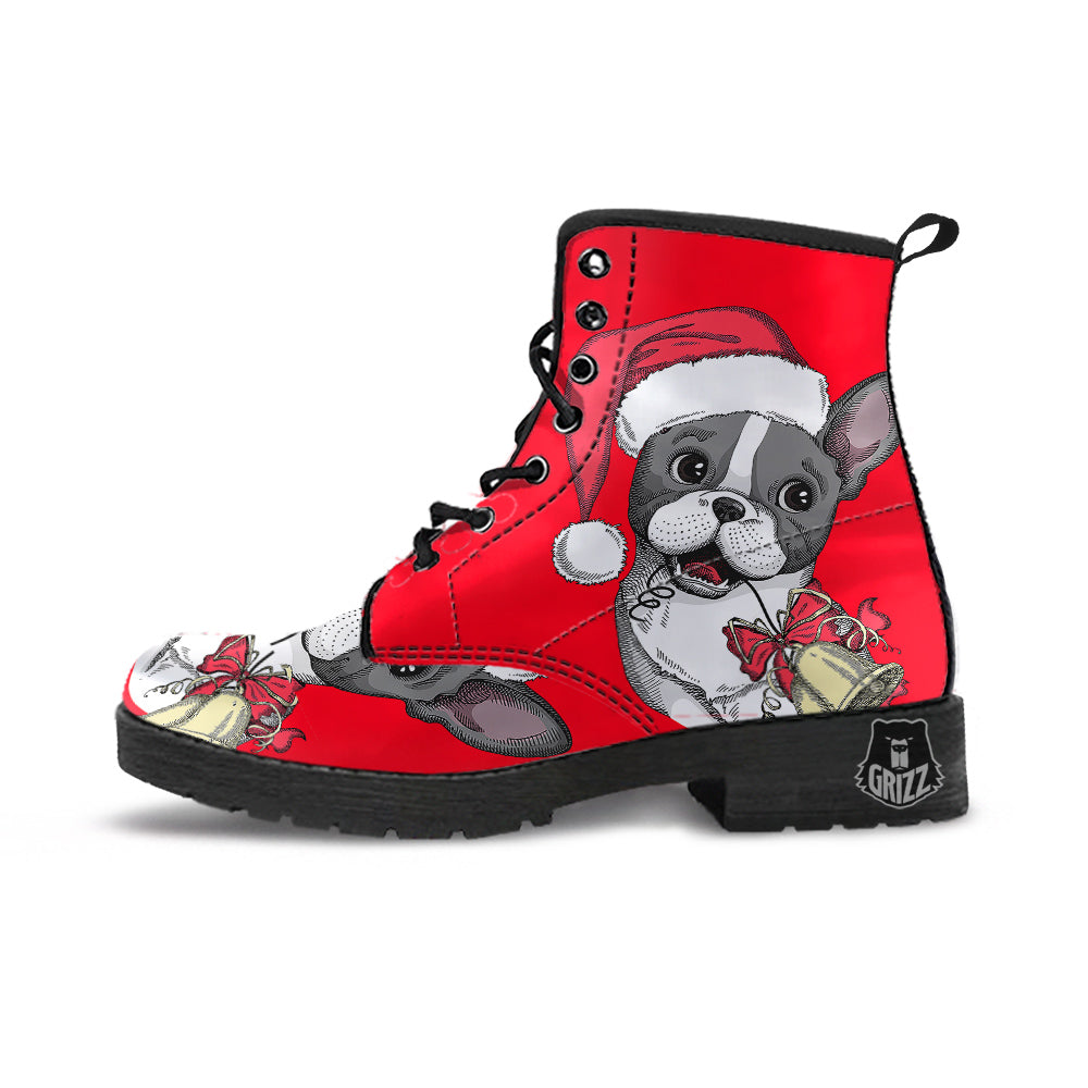 Santa Christmas French Bulldog Print Leather Boots-grizzshop
