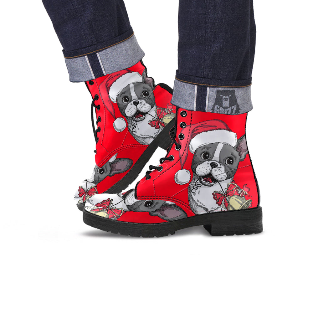 Santa Christmas French Bulldog Print Leather Boots-grizzshop
