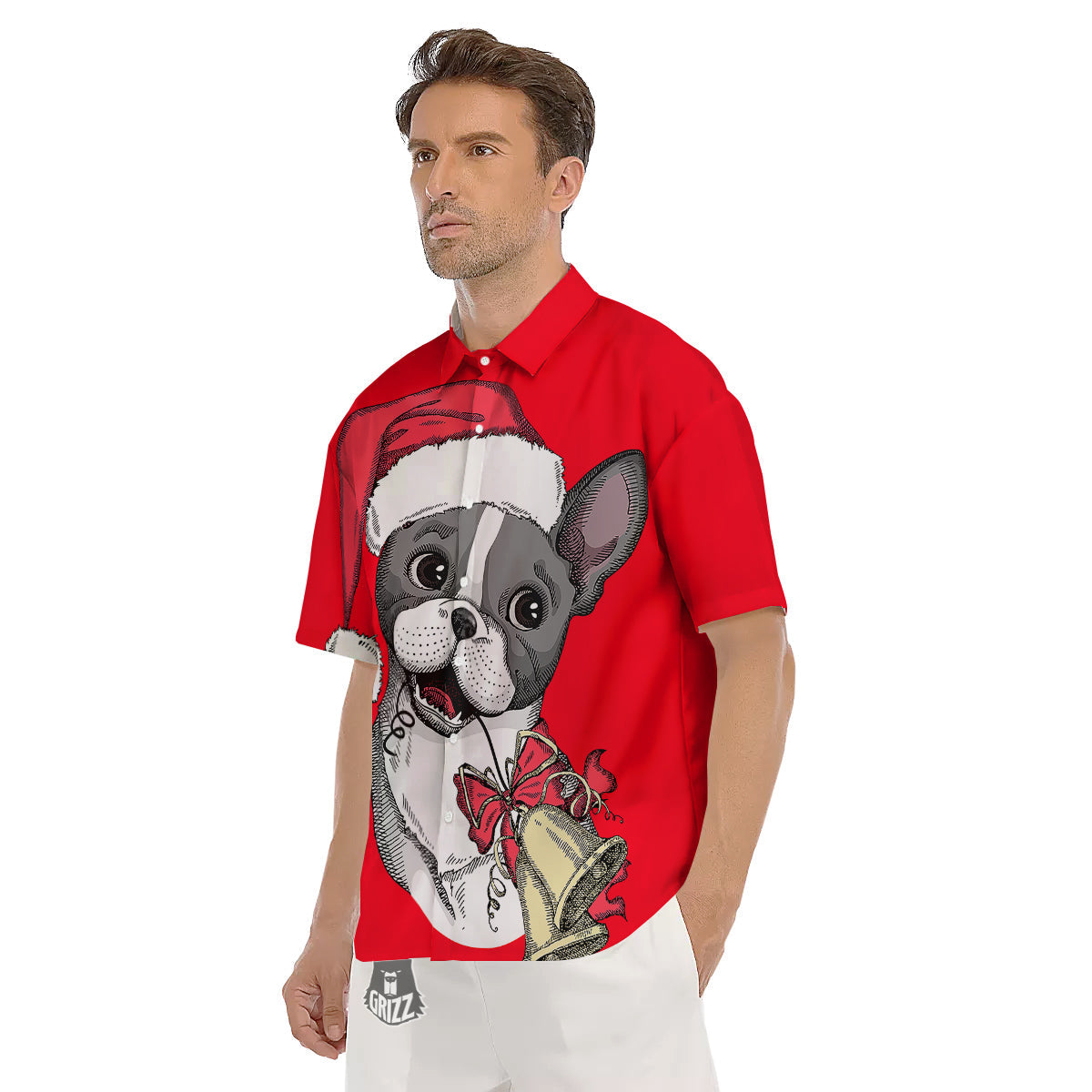 Santa Christmas French Bulldog Print Men's Short Sleeve Shirts-grizzshop