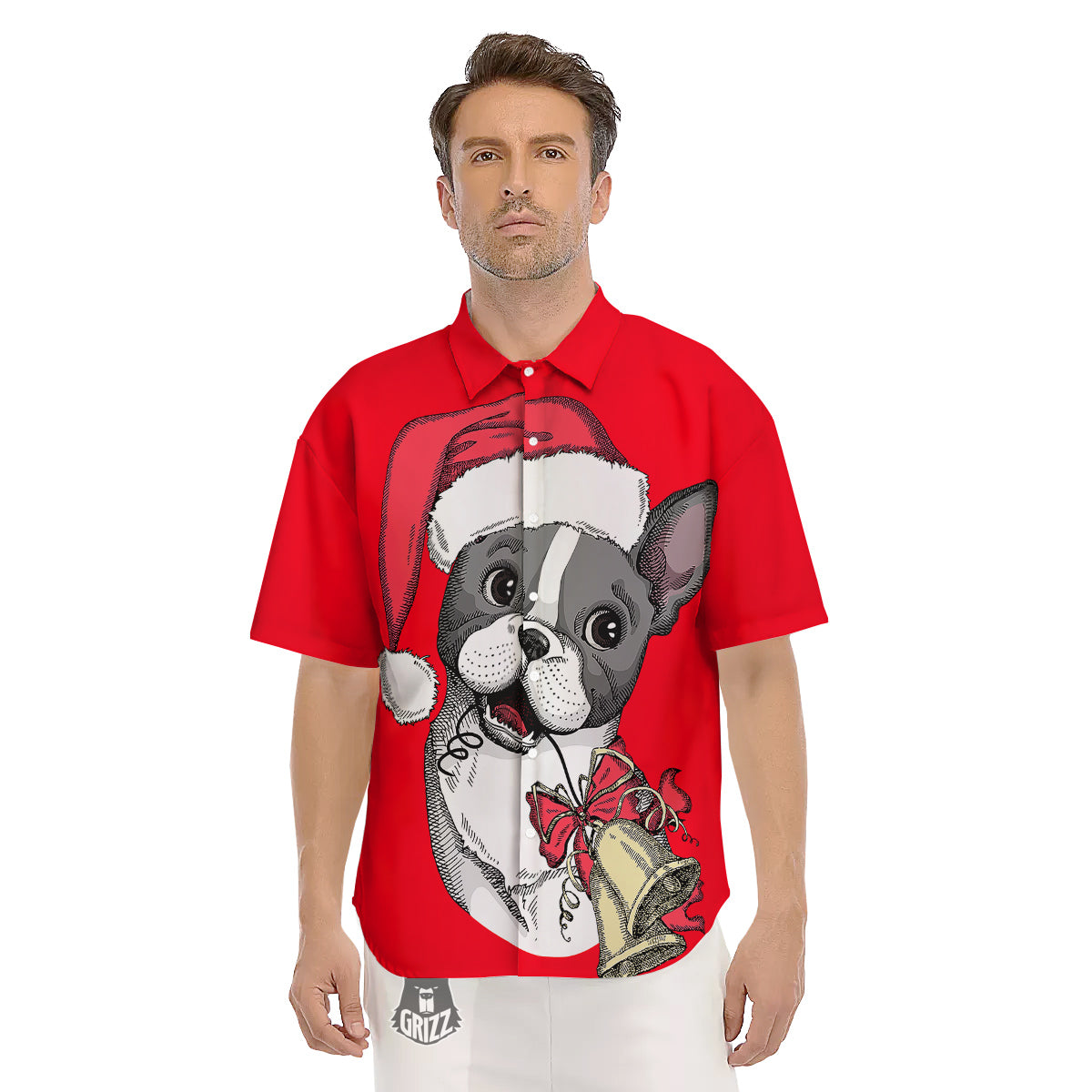 Santa Christmas French Bulldog Print Men's Short Sleeve Shirts-grizzshop