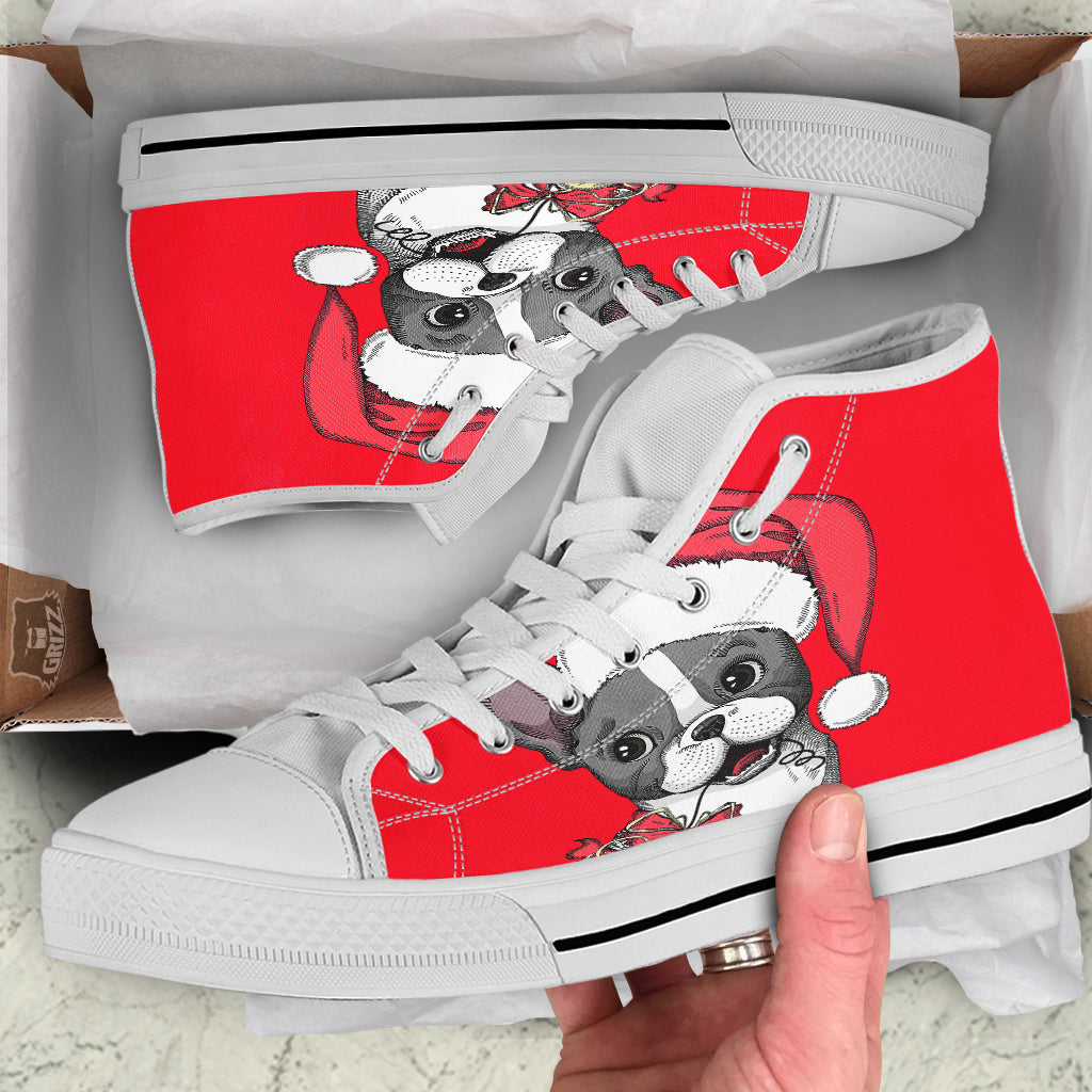 Santa Christmas French Bulldog Print White High Top Shoes-grizzshop
