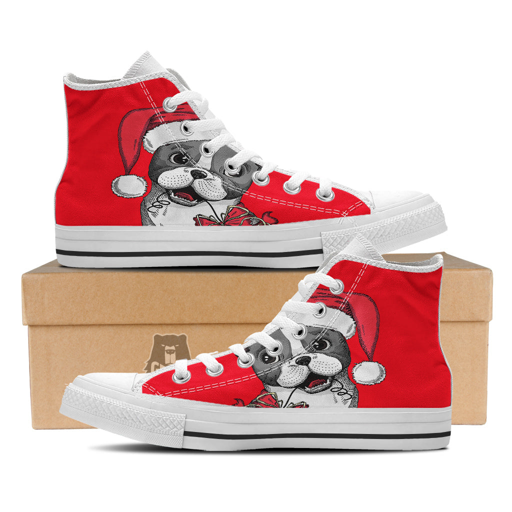 Santa Christmas French Bulldog Print White High Top Shoes-grizzshop