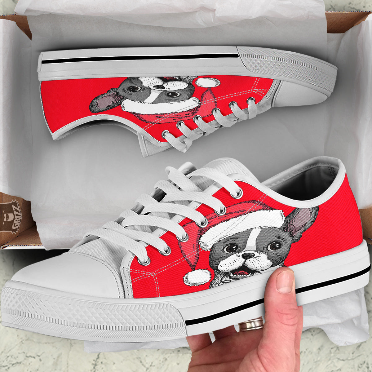 Santa Christmas French Bulldog Print White Low Top Shoes-grizzshop