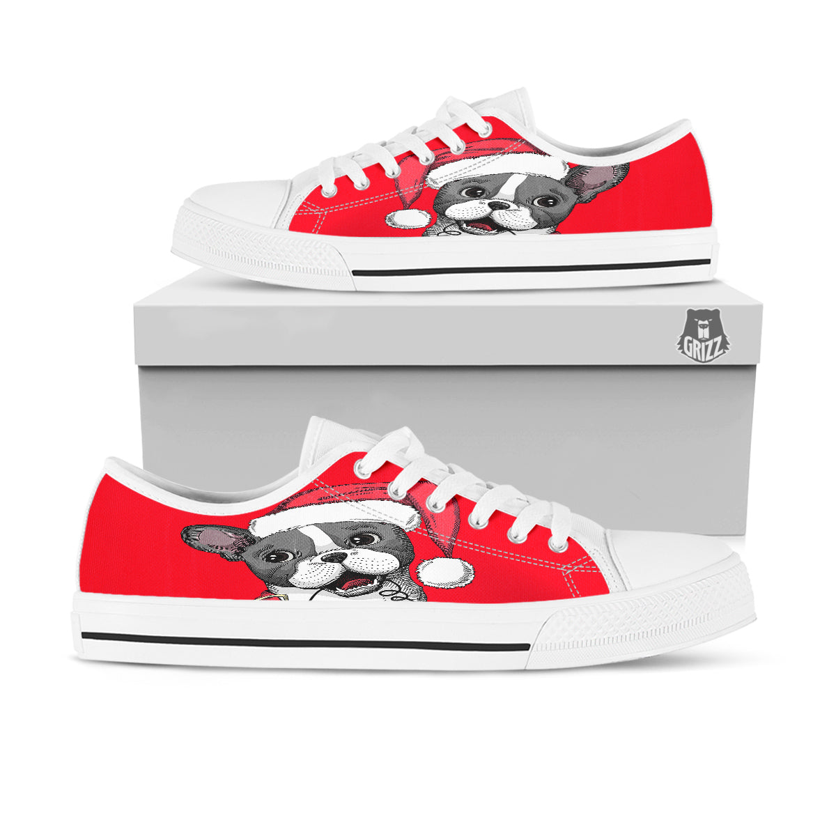 Santa Christmas French Bulldog Print White Low Top Shoes-grizzshop