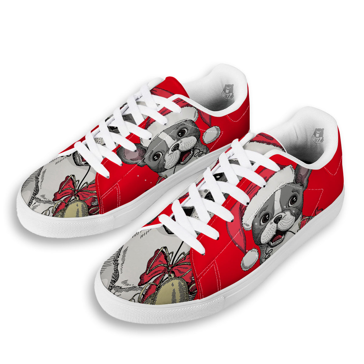 Santa Christmas French Bulldog Print White Low Top Sneakers-grizzshop