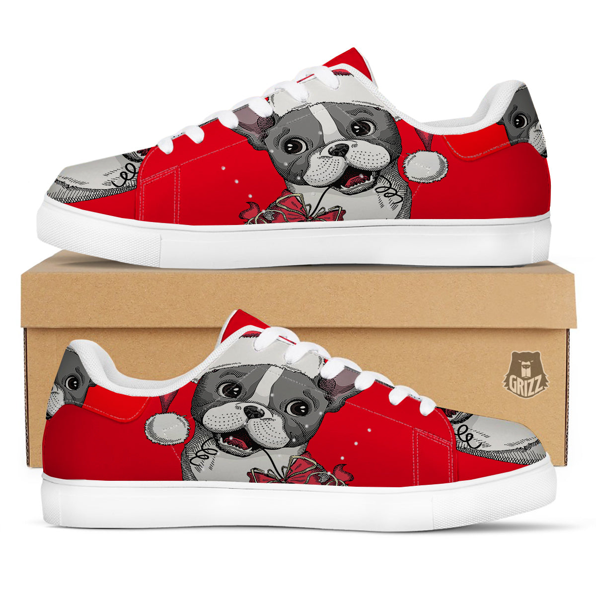 Santa Christmas French Bulldog Print White Low Top Sneakers-grizzshop