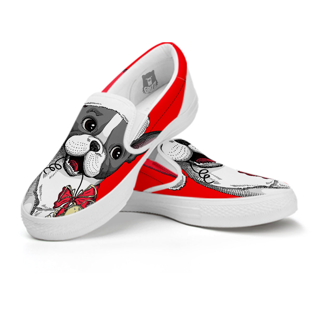 Santa Christmas French Bulldog Print White Slip On Shoes-grizzshop