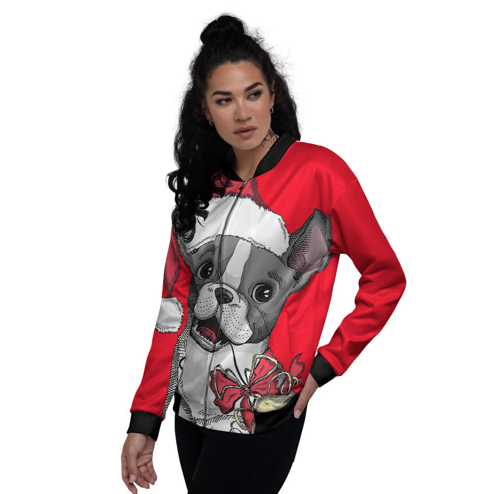 Santa Christmas French Bulldog Print Women's Bomber Jacket-grizzshop