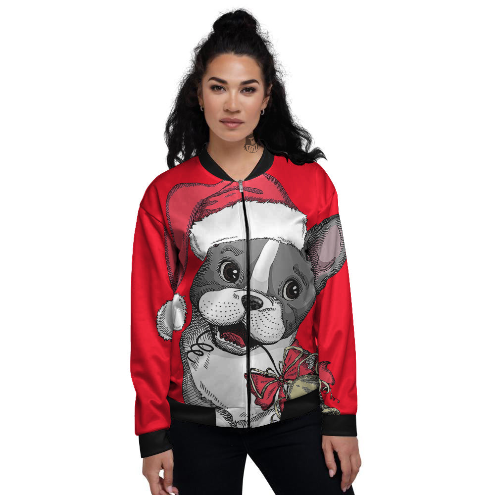 Santa Christmas French Bulldog Print Women's Bomber Jacket-grizzshop