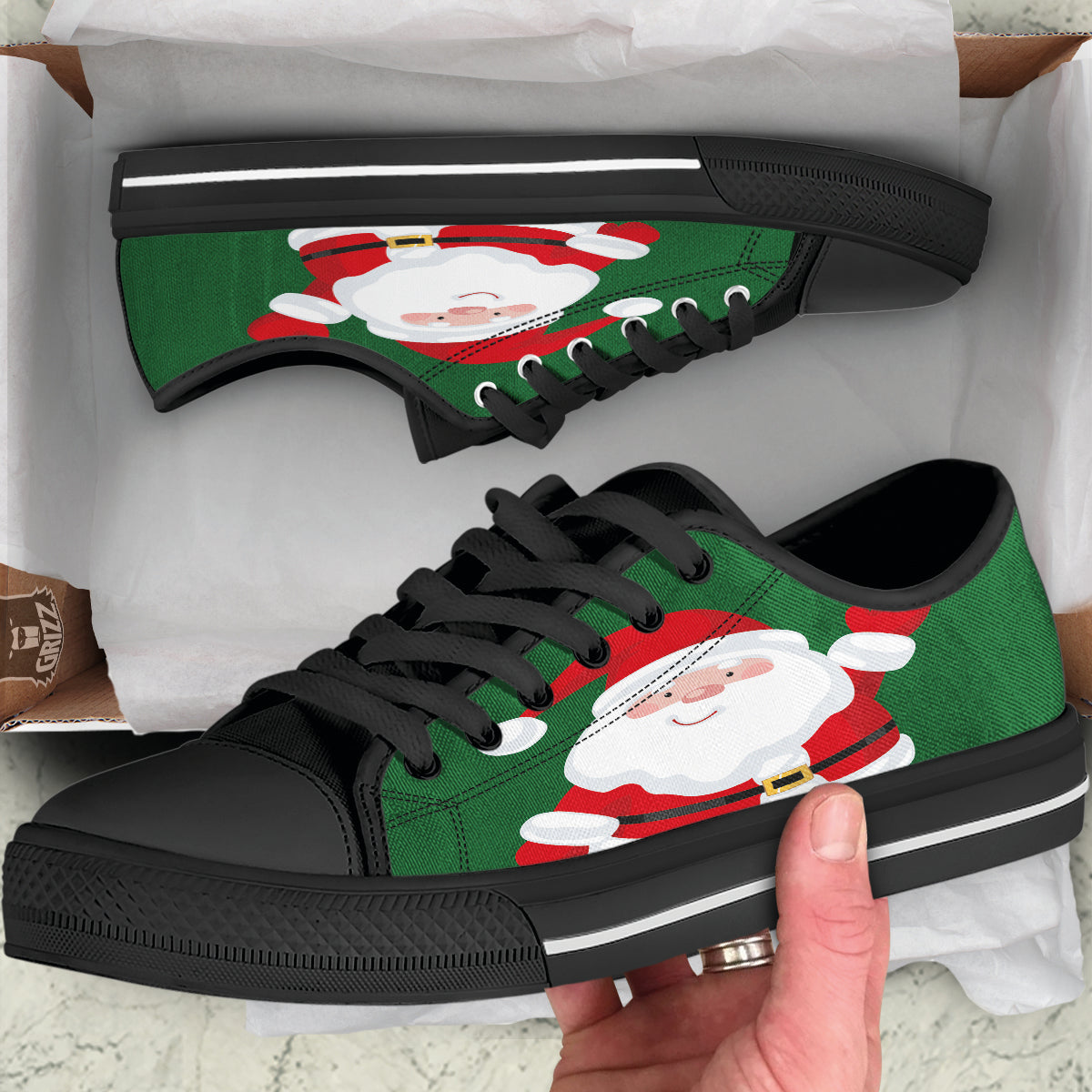 Santa Claus Cartoon Print Black Low Top Shoes-grizzshop