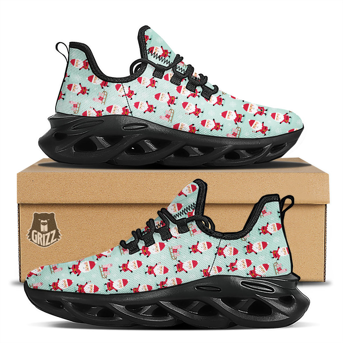 Santa Claus Cartoon Print Pattern Black Running Shoes-grizzshop