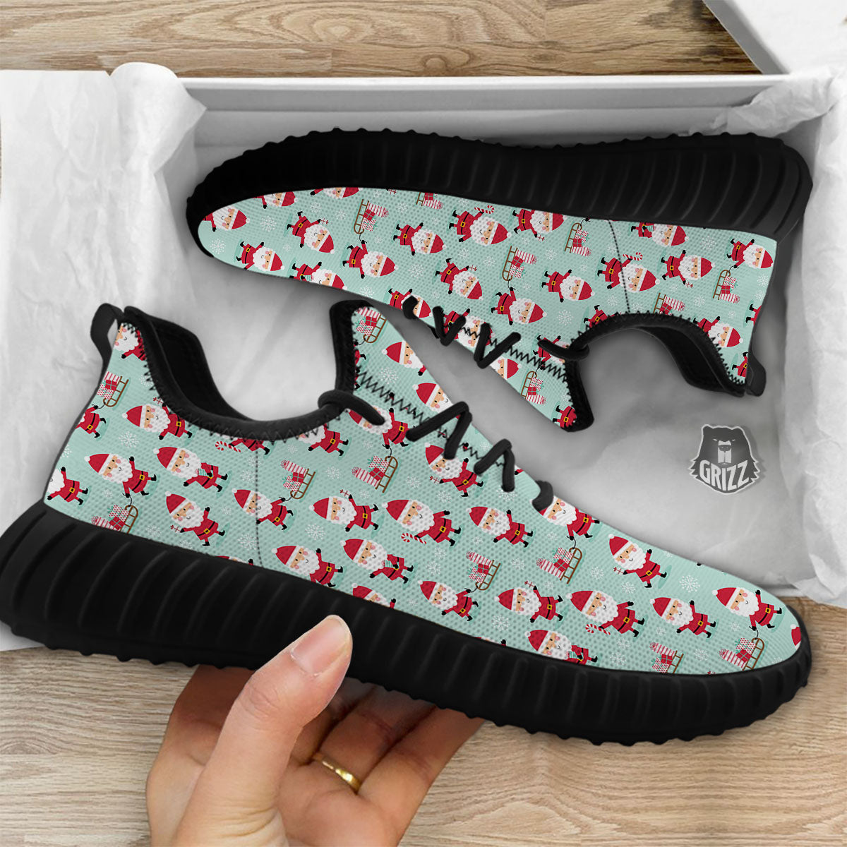 Santa Claus Cartoon Print Pattern Black Walking Shoes-grizzshop