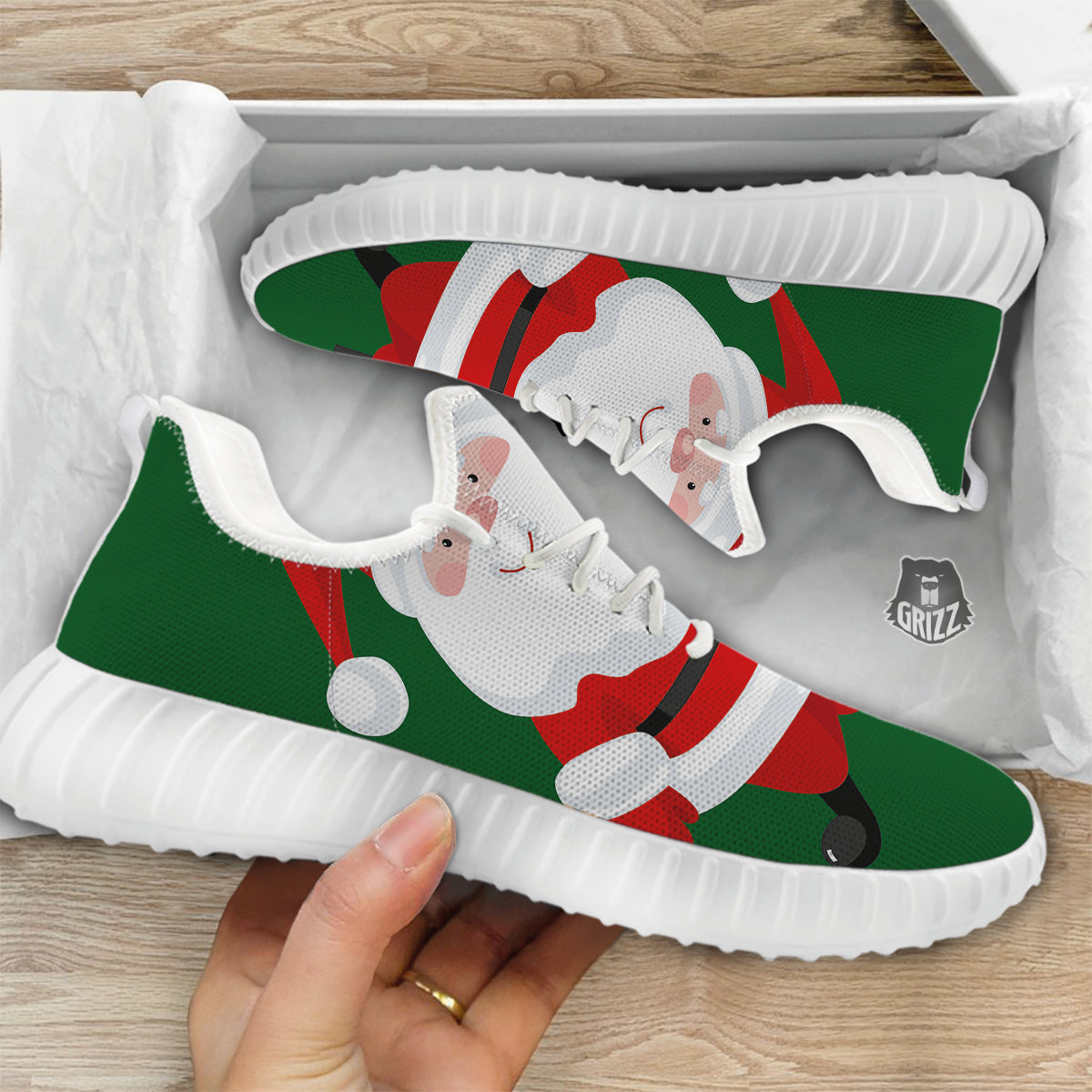 Santa Claus Cartoon Print White Walking Shoes-grizzshop