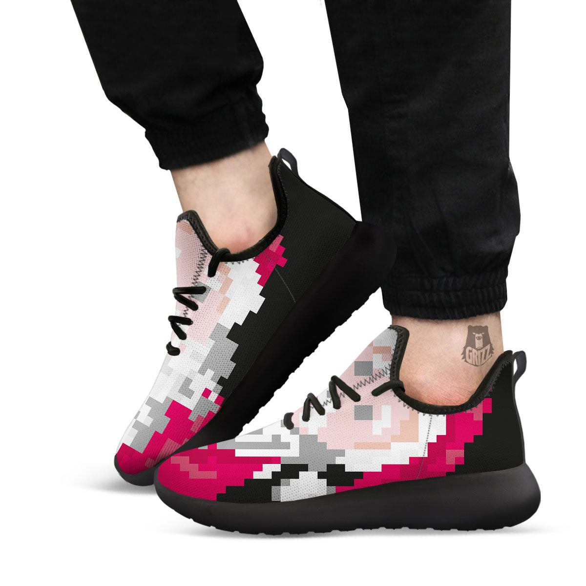 Santa Claus Christmas Pixel Print Black Athletic Shoes-grizzshop