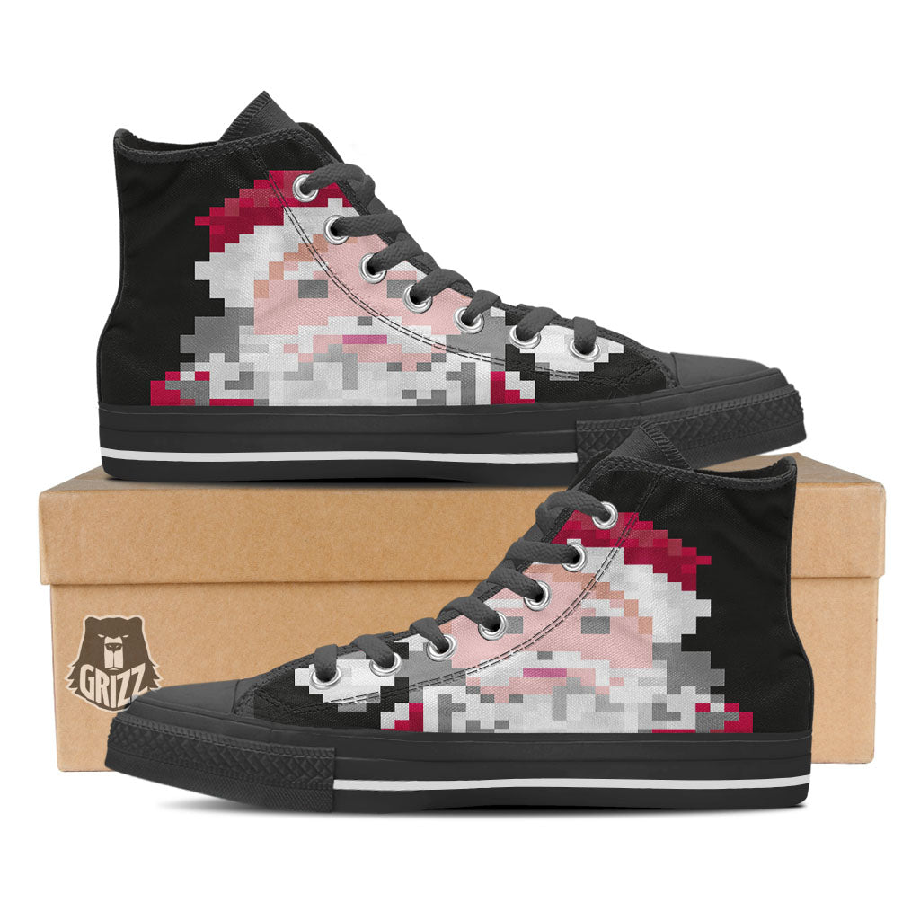 Santa Claus Christmas Pixel Print Black High Top Shoes-grizzshop