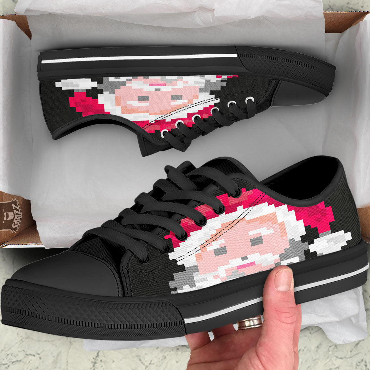 Santa Claus Christmas Pixel Print Black Low Top Shoes-grizzshop