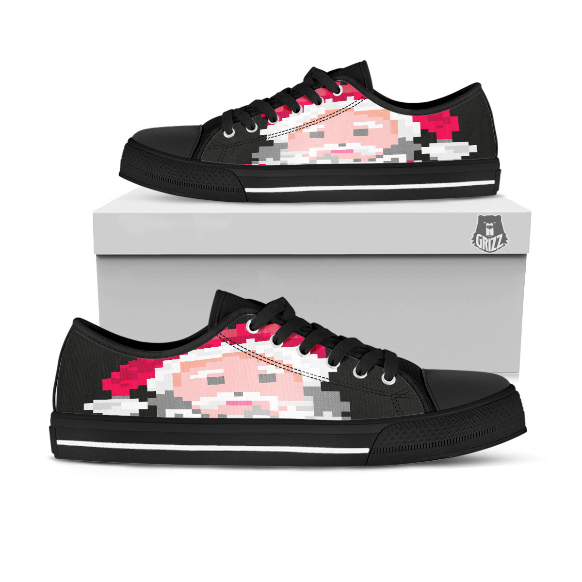 Santa Claus Christmas Pixel Print Black Low Top Shoes-grizzshop