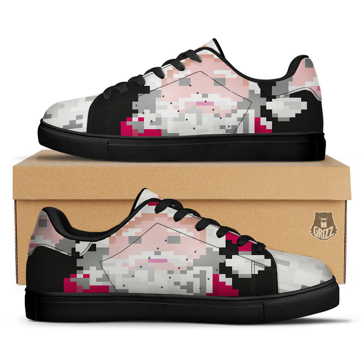 Santa Claus Christmas Pixel Print Black Low Top Sneakers-grizzshop