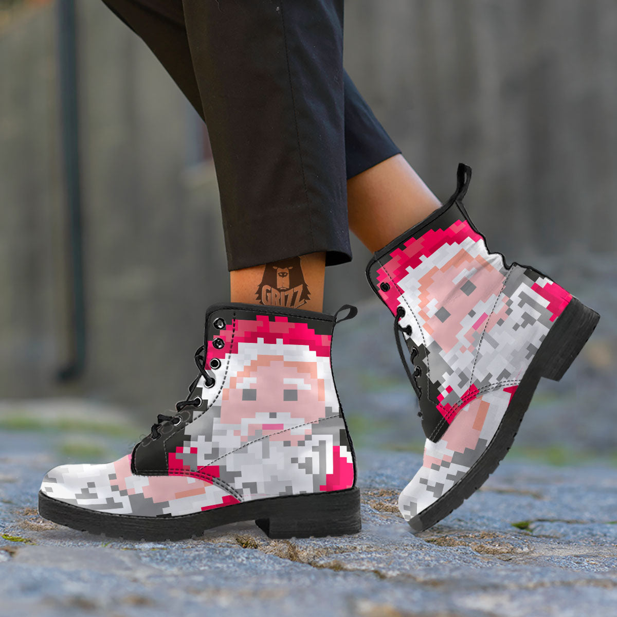 Santa Claus Christmas Pixel Print Leather Boots-grizzshop