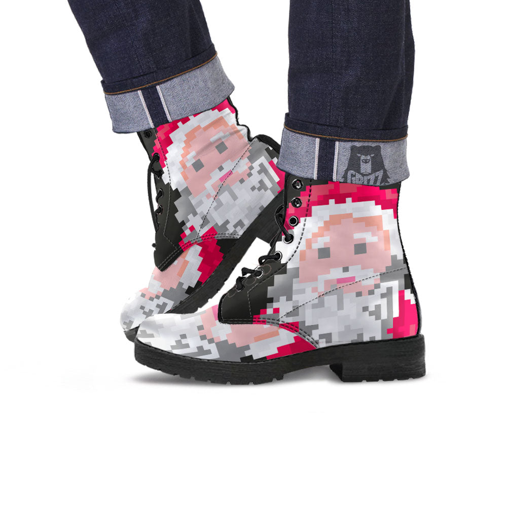 Santa Claus Christmas Pixel Print Leather Boots-grizzshop