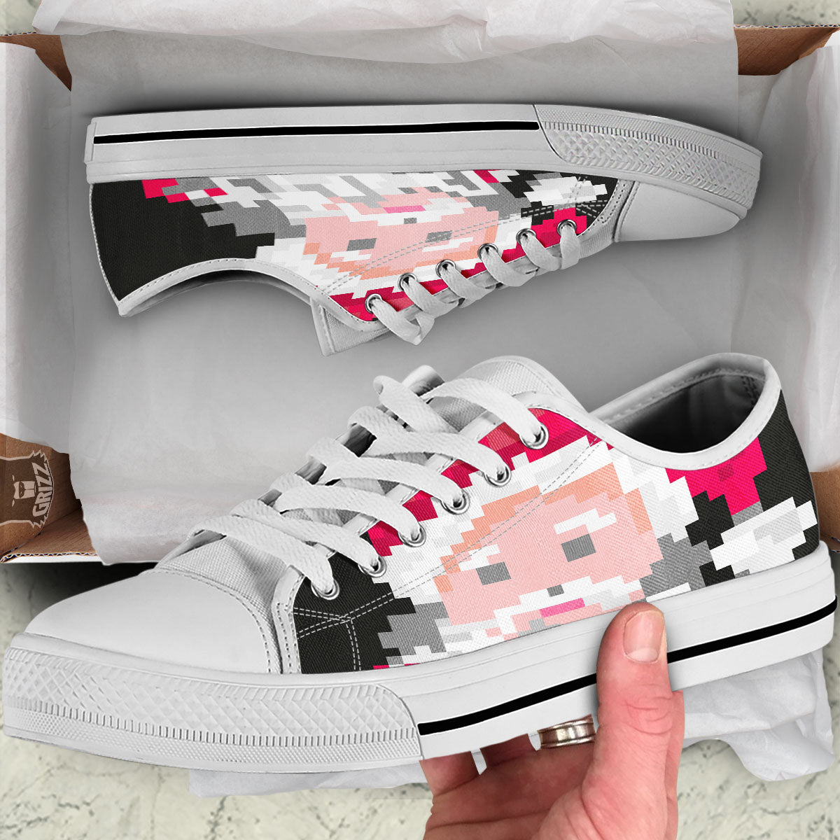 Santa Claus Christmas Pixel Print White Low Top Shoes-grizzshop
