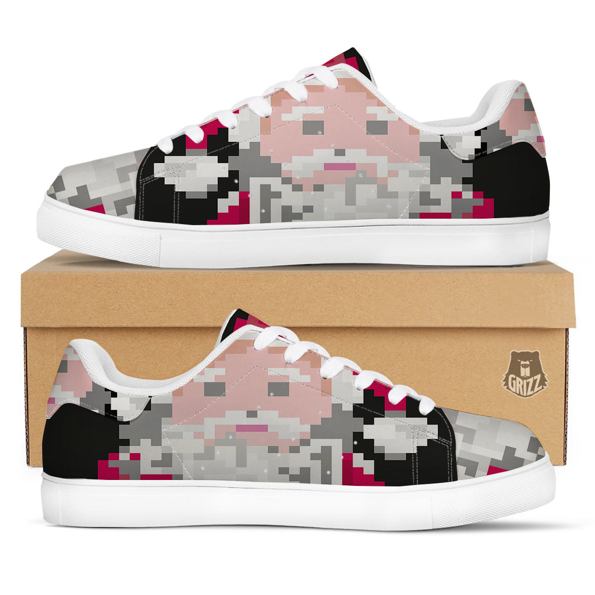 Santa Claus Christmas Pixel Print White Low Top Sneakers-grizzshop