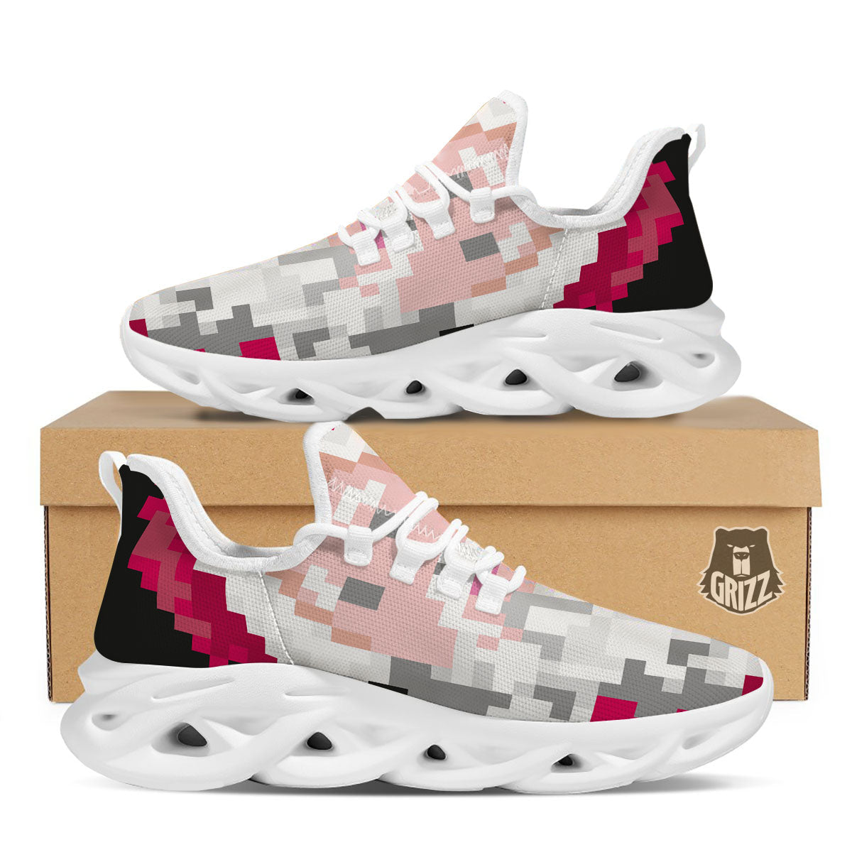 Santa Claus Christmas Pixel Print White Running Shoes-grizzshop