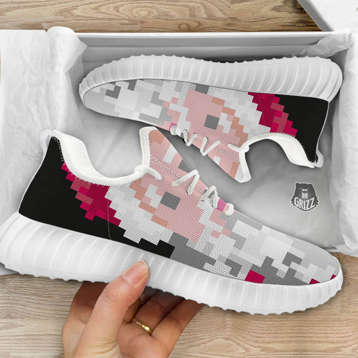 Santa Claus Christmas Pixel Print White Walking Shoes-grizzshop