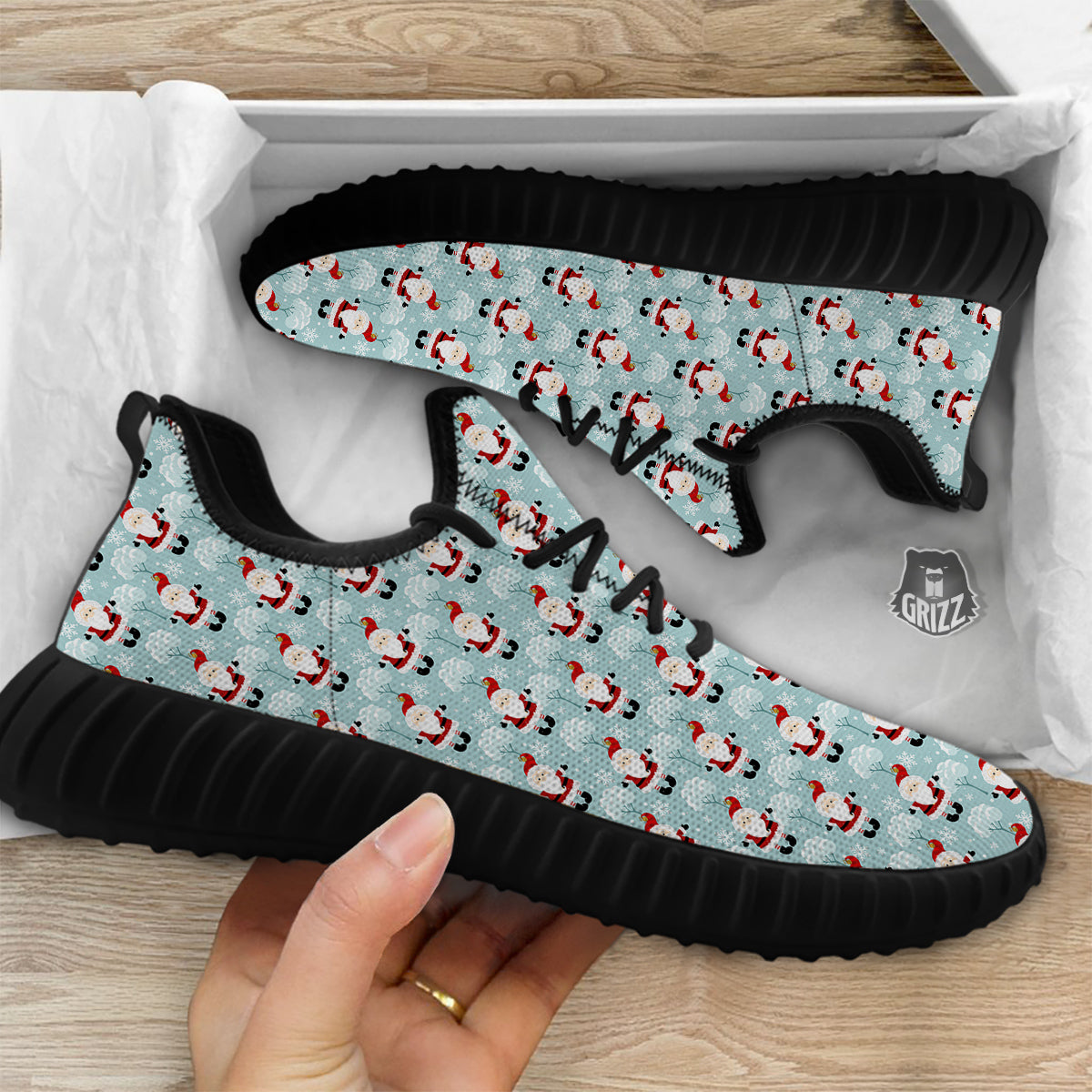 Santa Claus Cute Print Pattern Black Walking Shoes-grizzshop