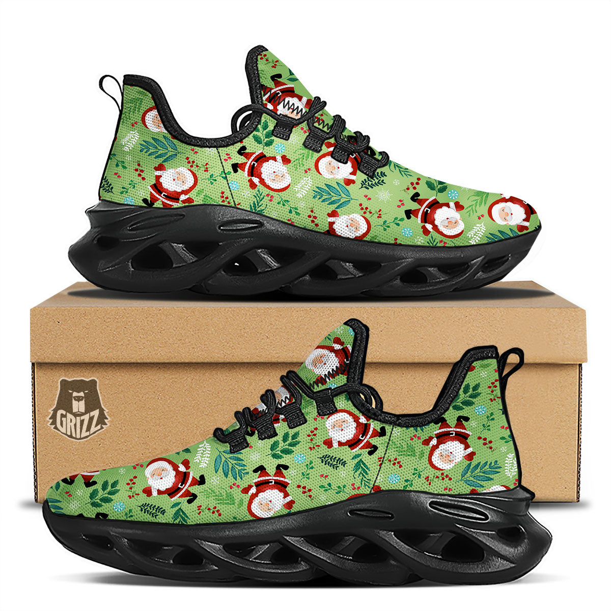 Santa Claus Happy Print Pattern Black Running Shoes-grizzshop