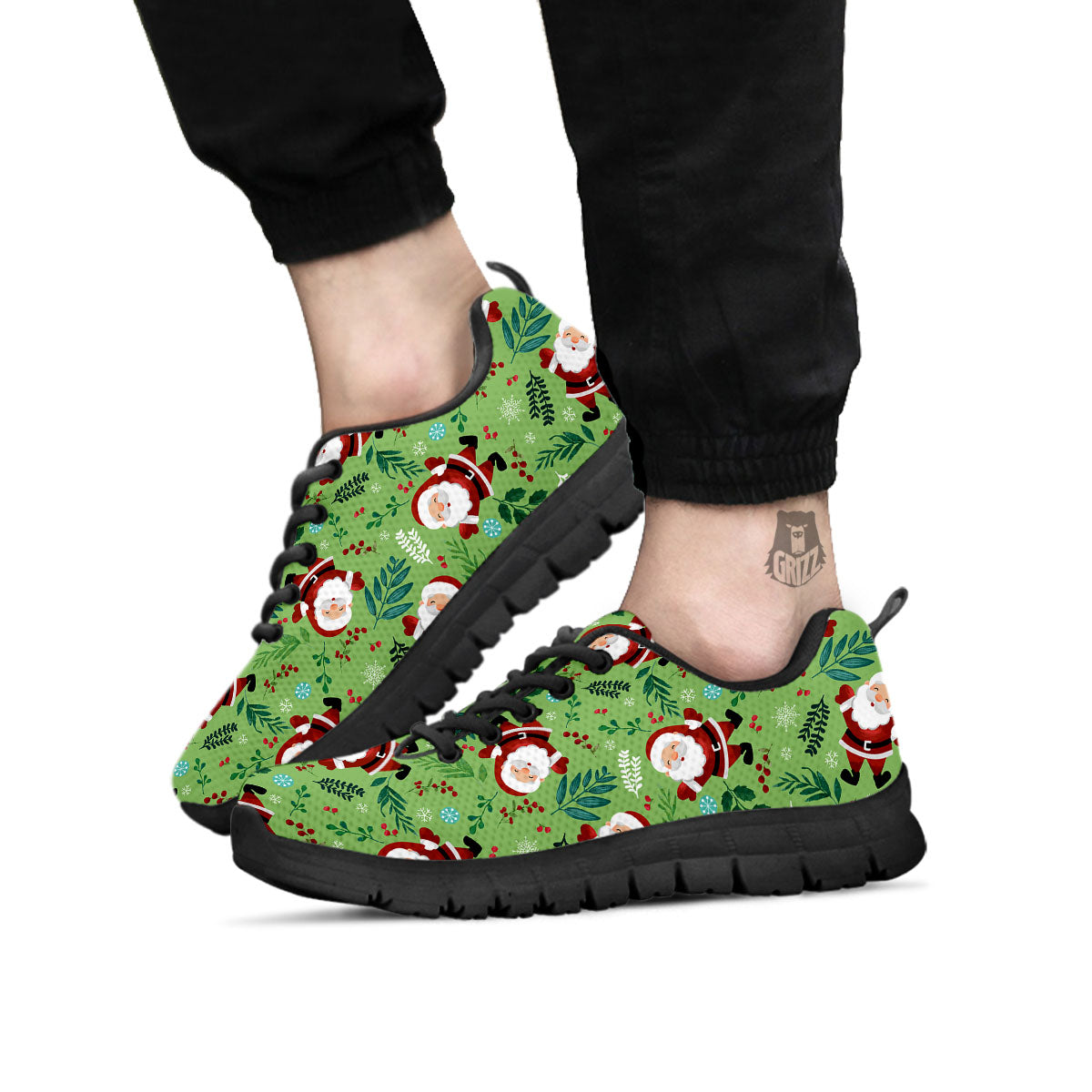 Santa Claus Happy Print Pattern Black Sneaker-grizzshop