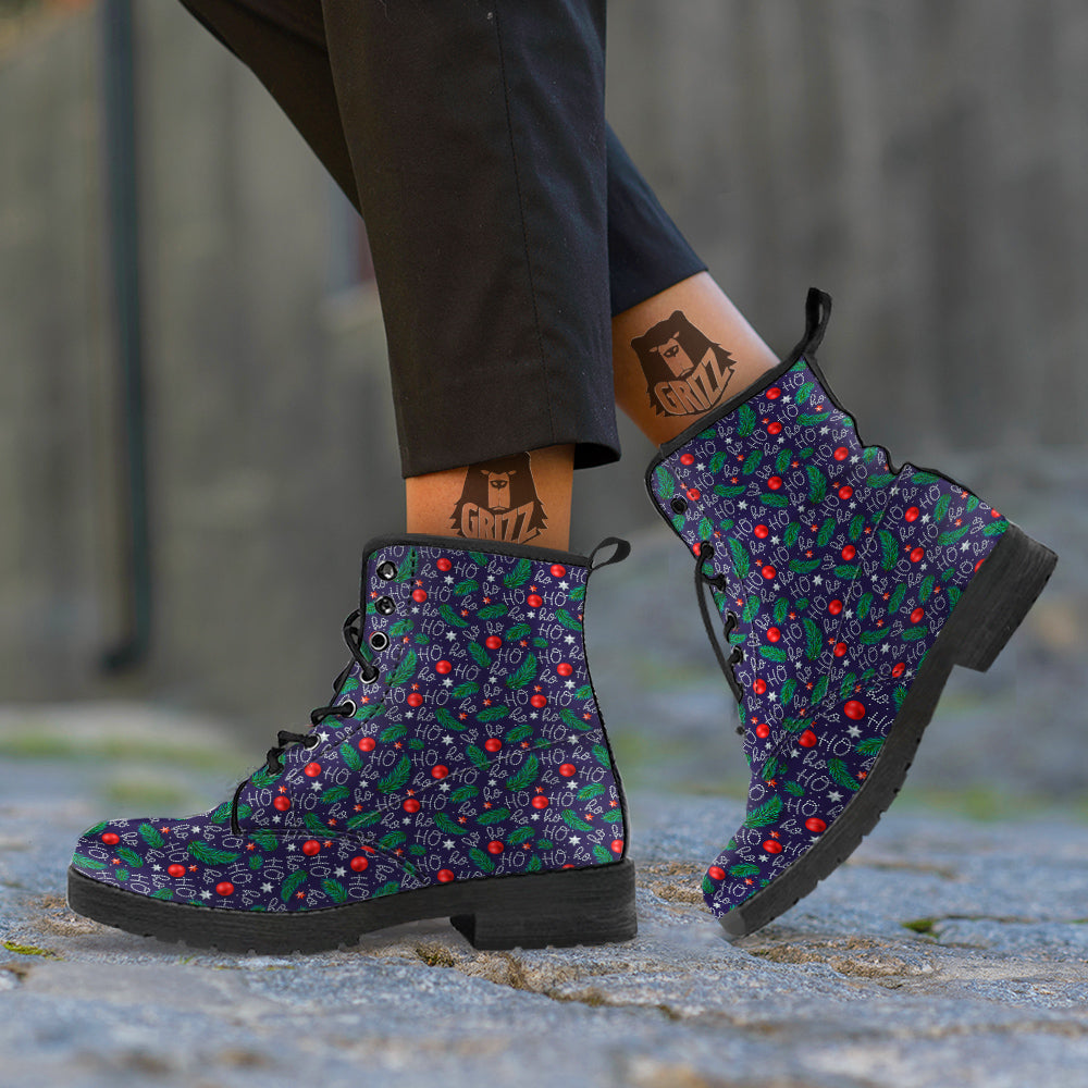 Santa Claus Laugh Christmas Hohoho Print Leather Boots-grizzshop