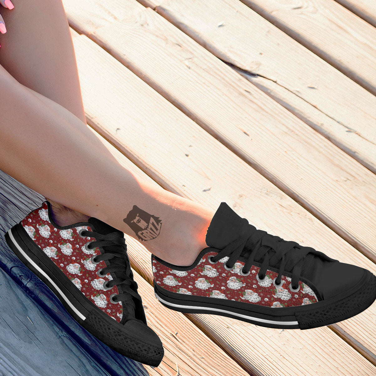 Santa Claus Xmas Print Pattern Black Low Top Shoes-grizzshop