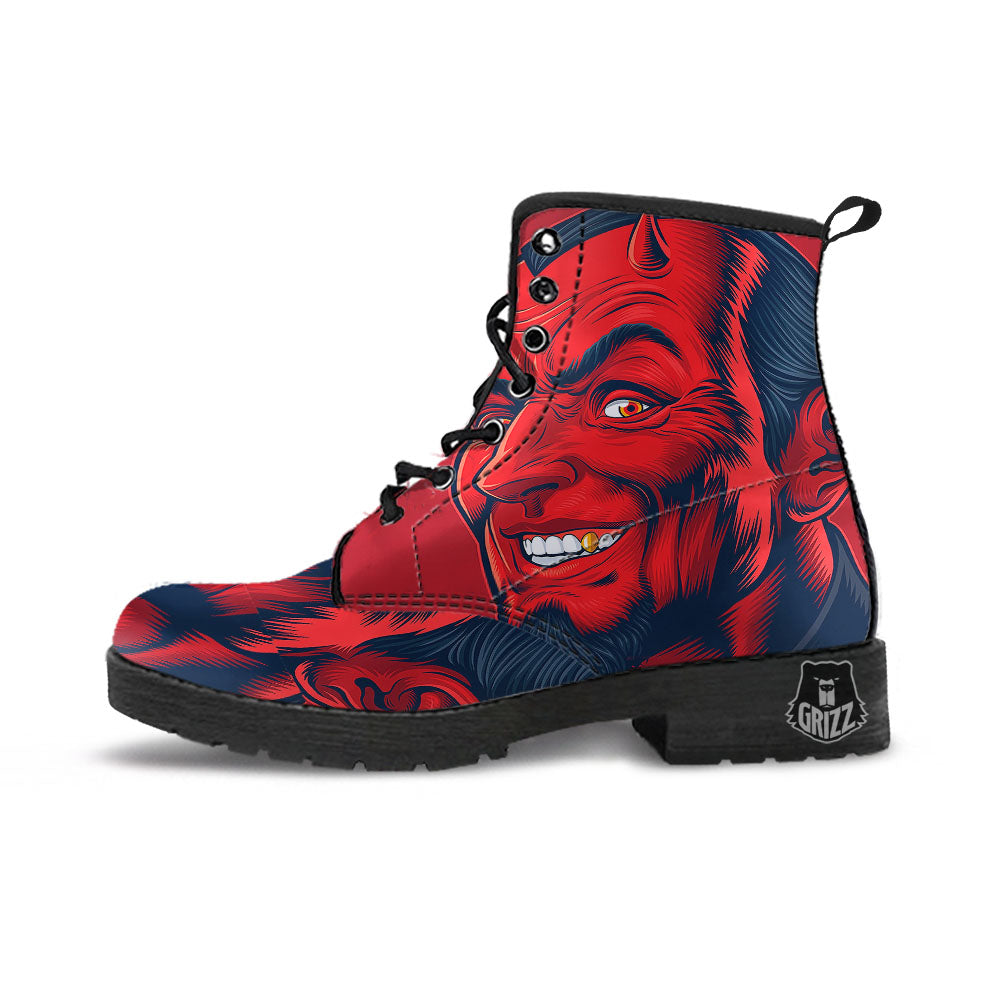 Satan Red Devil Print Leather Boots-grizzshop