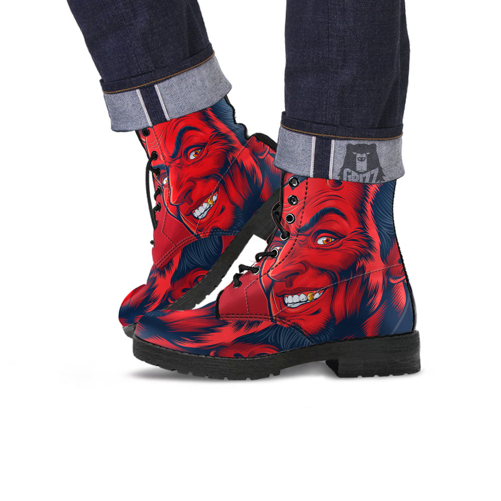 Satan Red Devil Print Leather Boots-grizzshop