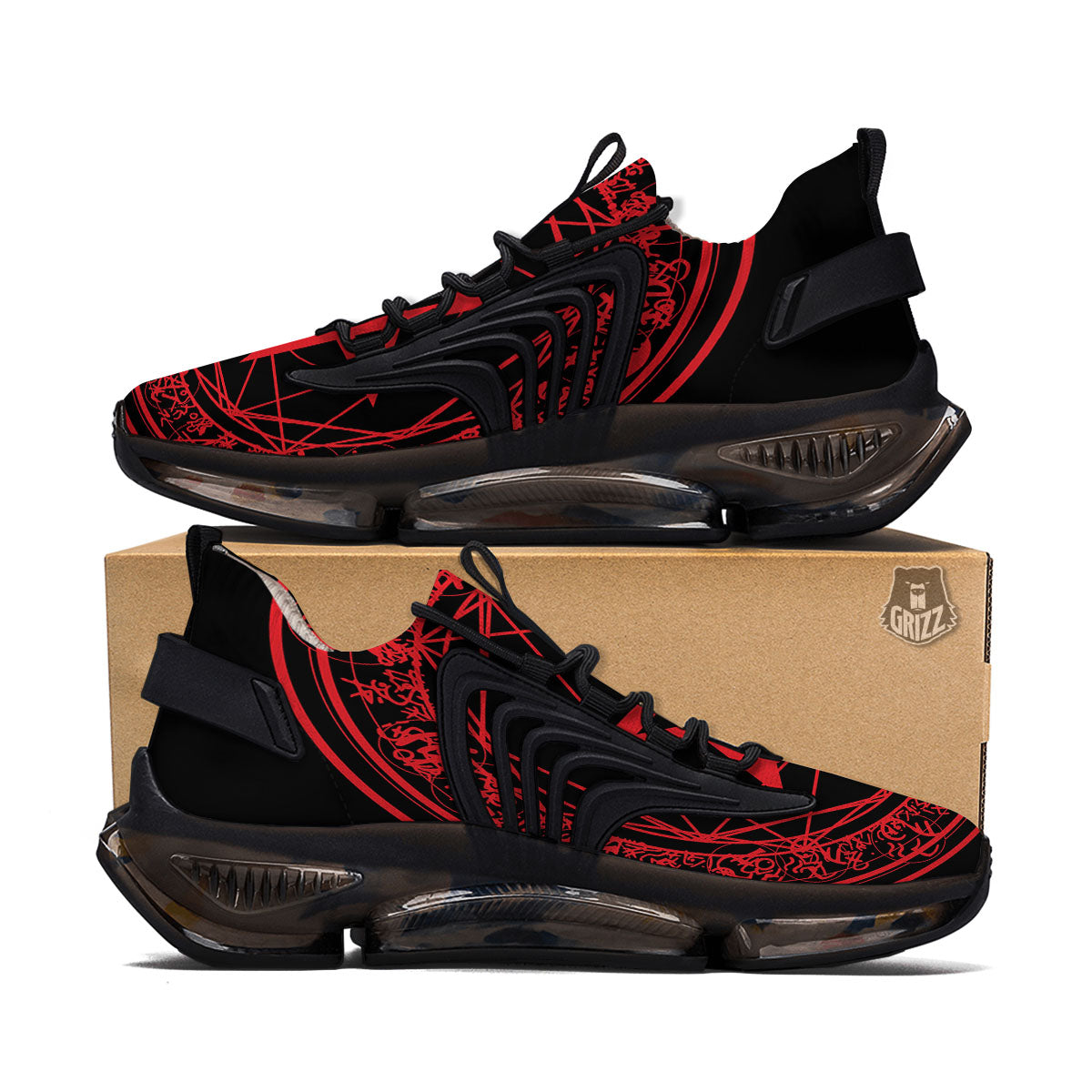 Satanic Pentagram Red And Black Print Black Gym Shoes-grizzshop