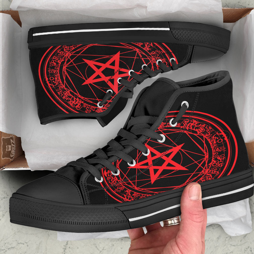 Satanic Pentagram Red And Black Print Black High Top Shoes-grizzshop