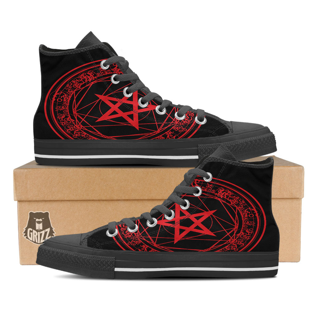 Satanic Pentagram Red And Black Print Black High Top Shoes-grizzshop