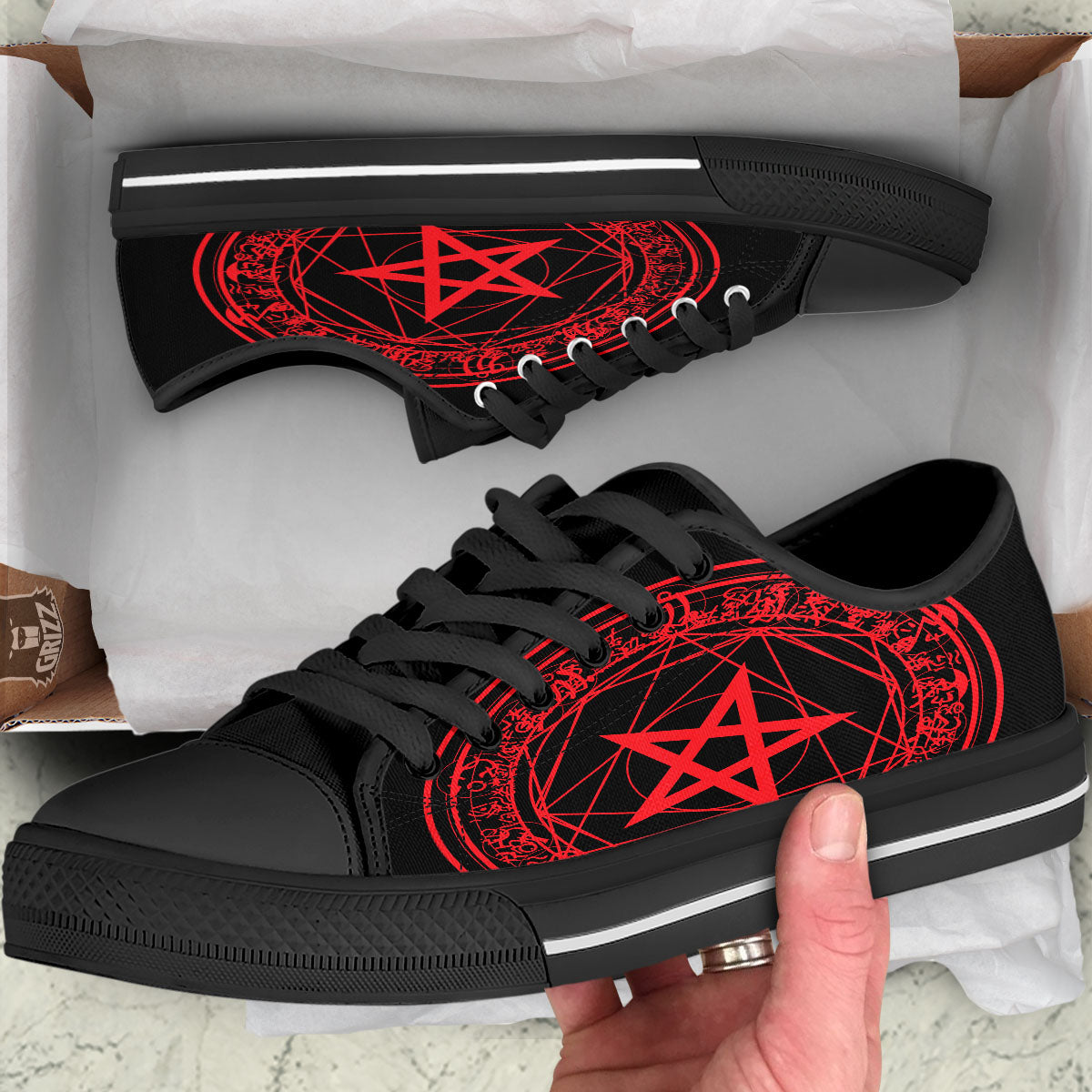 Satanic Pentagram Red And Black Print Black Low Top Shoes-grizzshop