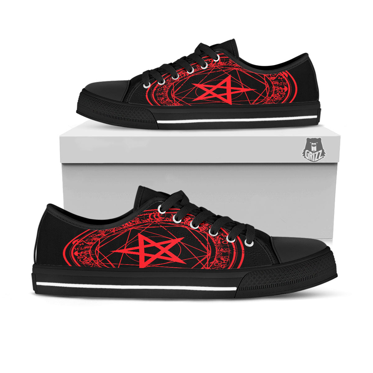 Satanic Pentagram Red And Black Print Black Low Top Shoes-grizzshop