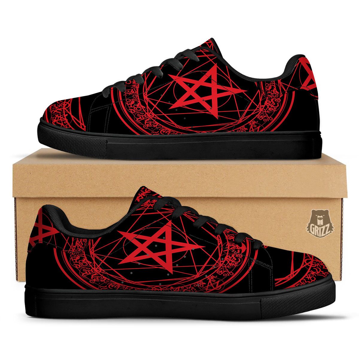Satanic Pentagram Red And Black Print Black Low Top Sneakers-grizzshop
