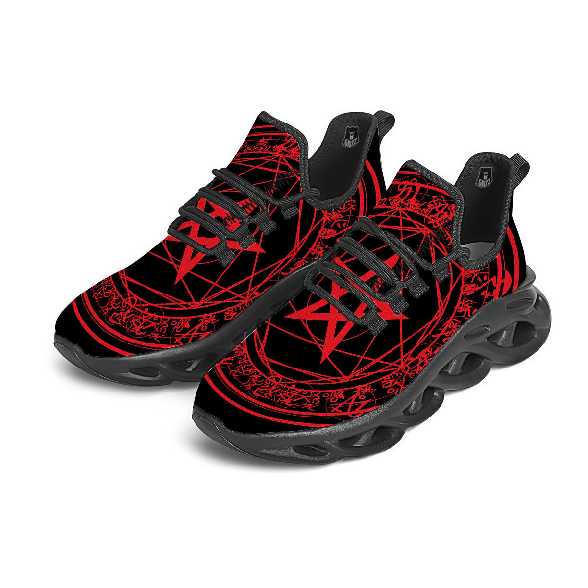 Satanic Pentagram Red And Black Print Black Running Shoes-grizzshop