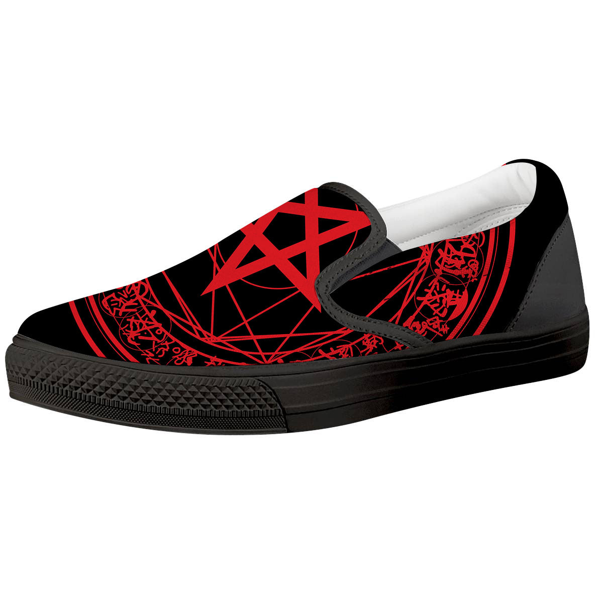 Satanic Pentagram Red And Black Print Black Slip On Shoes-grizzshop