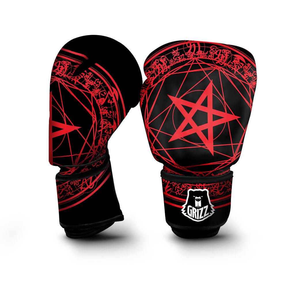 Satanic Pentagram Red And Black Print Boxing Gloves-grizzshop